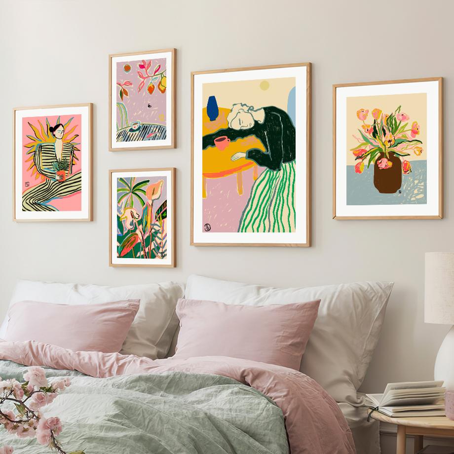 Abstract Line Stripe Girl Flower Leaf Colorful Wall Art Canvas Painting Posters And Prints Hotel Bar Pictures Indoor Room Decor