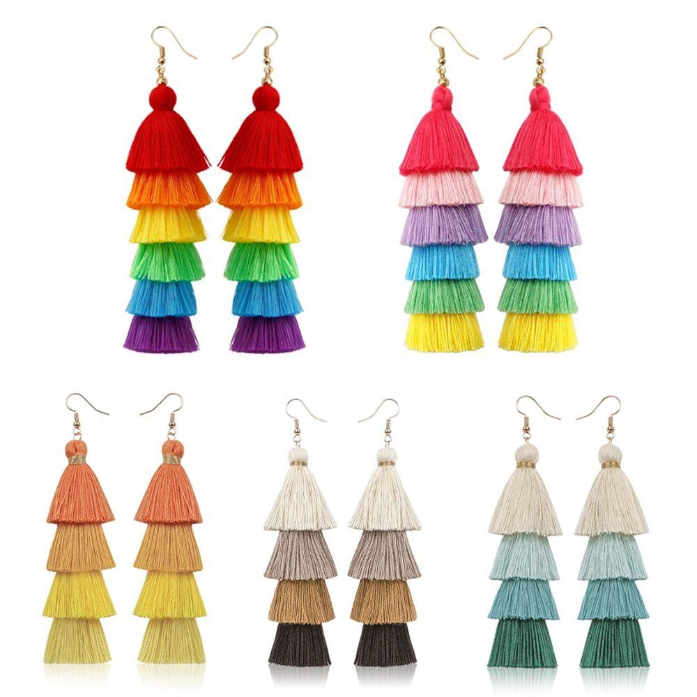 Bohemian Rainbow Earrings Colorful Braid Dangle Earrings Handmade Layered Tassel Earrings  Women