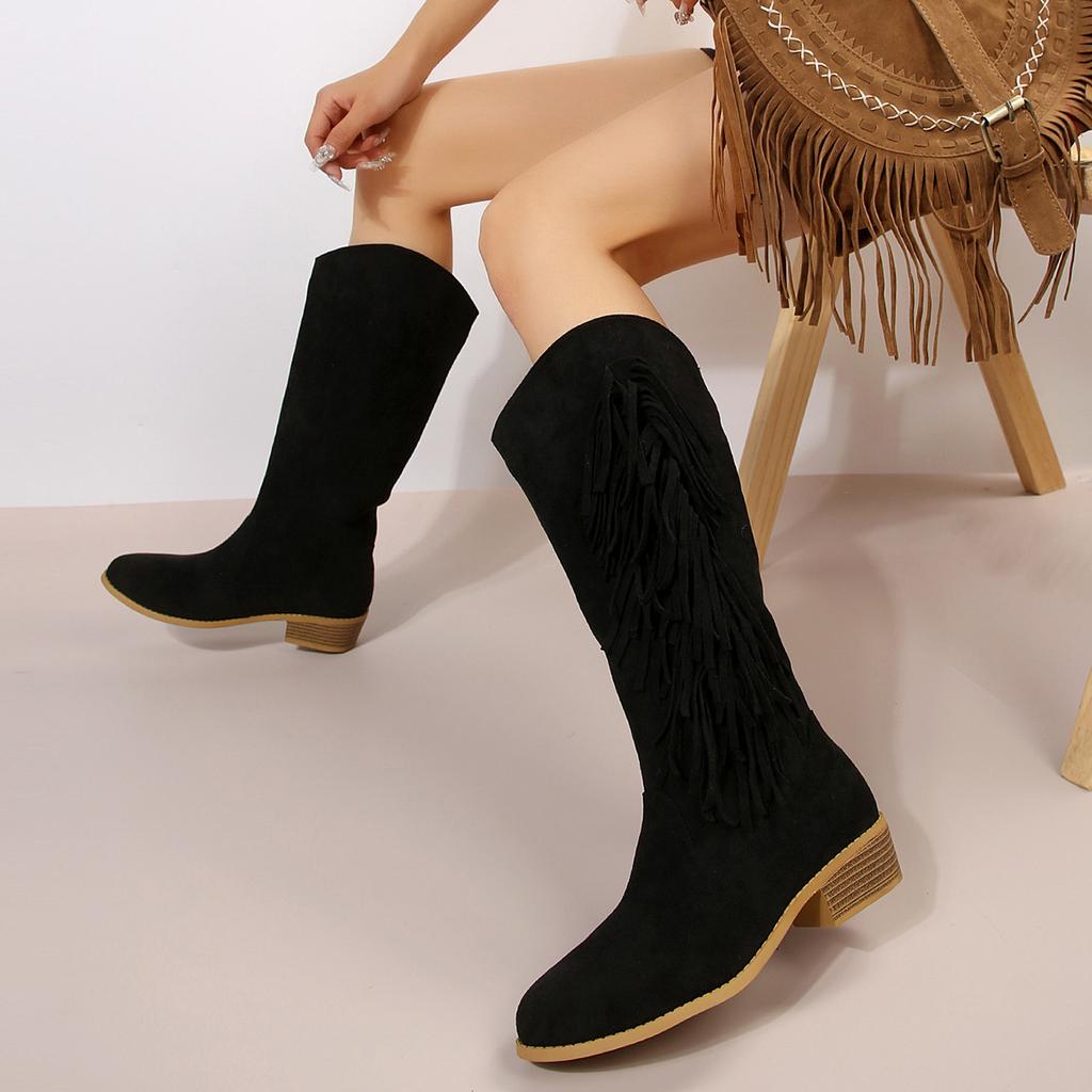Cowgirl Fringe Boots for Women Chunky Block Heel Tassels Cowboy Boots Knee High Pointed Toe Western Boots Women's Anti-Slip Faux Suede Pull-on Booties