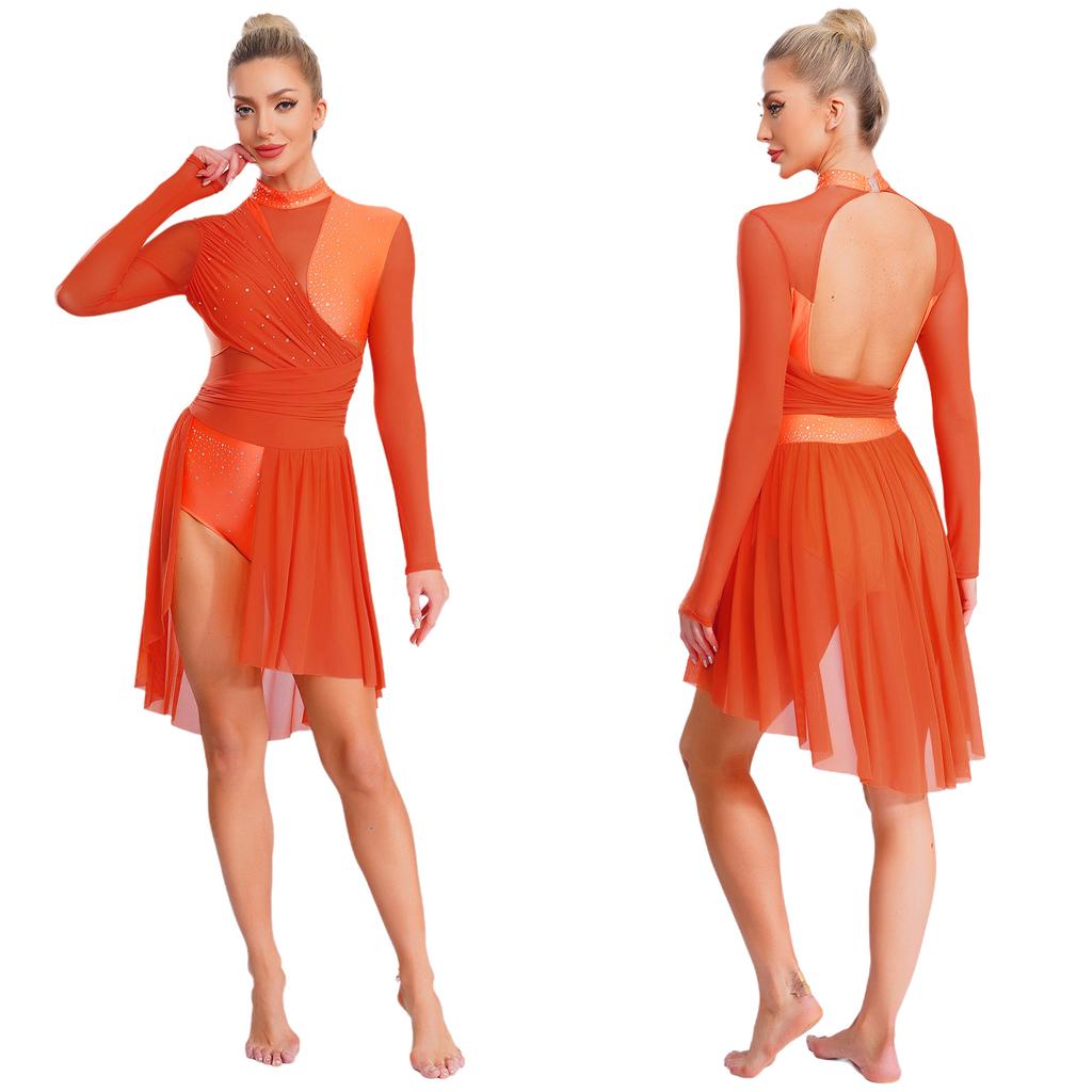 Женское боди с длинным рукавом и открытой спиной, платье с блестками и стразами, присборенное, танцевальный костюм