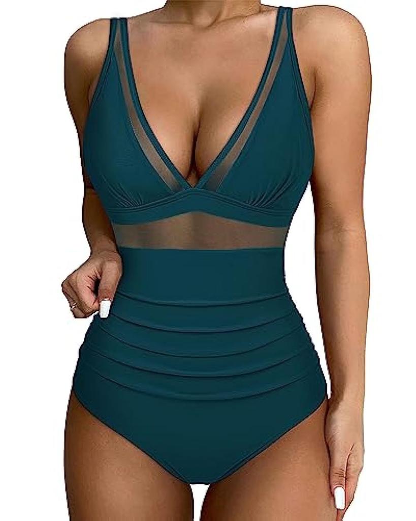 Sexy Black One Piece Swimsuit 2025 Women Mesh Patchwork Transparent Tummy Control Swimwear Bathing Suit See Through Monokini