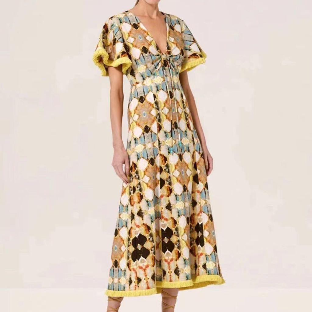 Женское длинное платье с V-образным вырезом, кисточками и открытой спиной, со шнуровкой на талии, осень 2023 г.