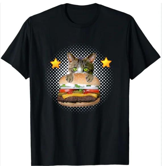 Unisex Y2K Aesthetic Harajuku Funny Peeking Burger Cat Meme T Shirt Cat in Burger Print Casual Tops Black Streetwear Daily Wear