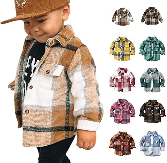 Kids Toddler Flannel Shirt Jacket Plaid Long Sleeve Lapel Button Down Shacket Baby Boys Girls Fall Shirt Coat Outwear