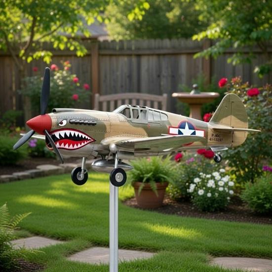 Shark Mouth Warplane Wind Spinner Metal Weather Vane Kinetic Shark Fighter Windmill Sculpture Outdoor Garden Yard Patio Lawn Decoration