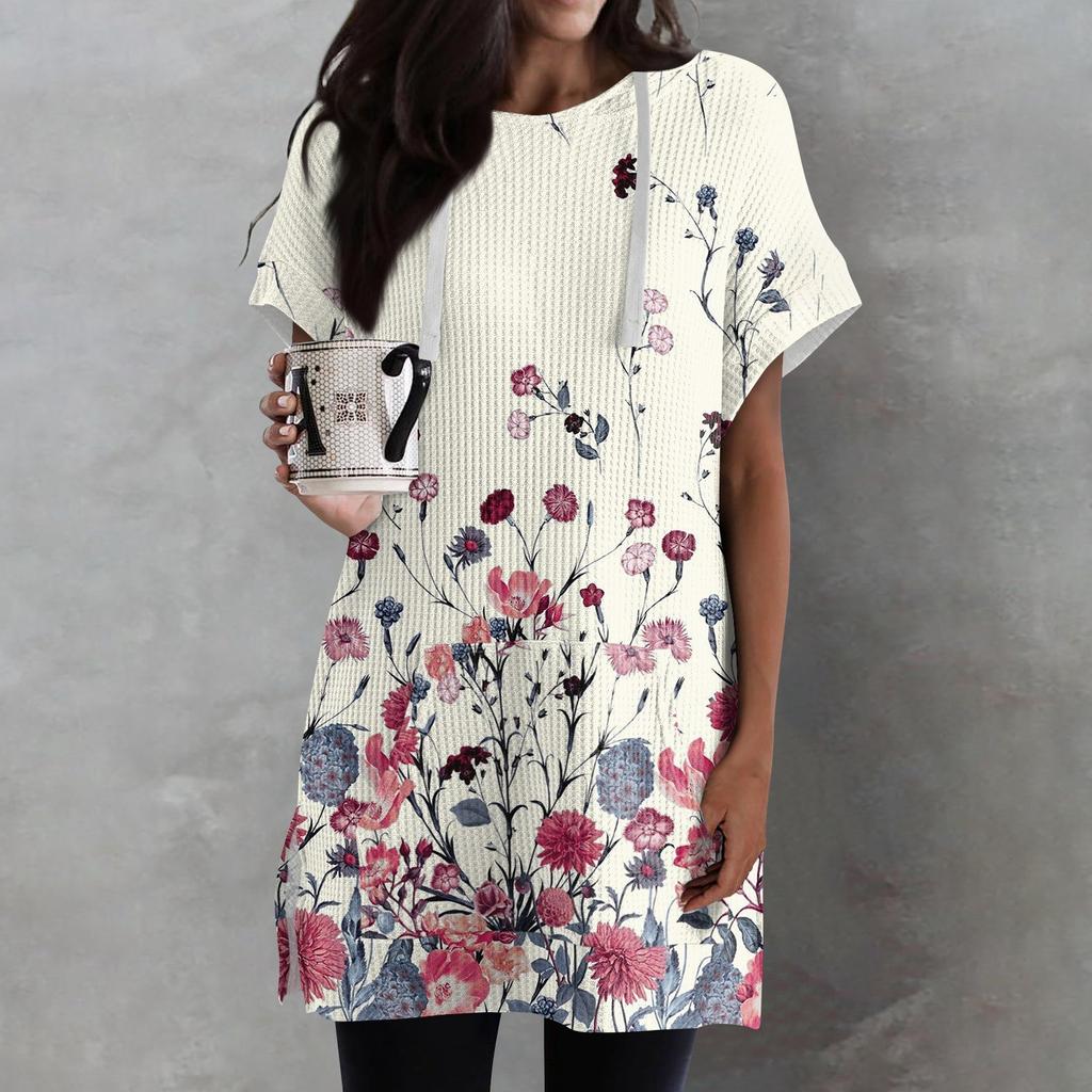 Женские свободные рубашки с принтом, толстовки с короткими рукавами и шнурком, вязаная туника с боковыми разрезами, топы с капюшоном и карманом