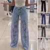 Women's Lace Patchwork Jeans Casual Baggy Straight Wide Leg Denim Pants Mid Waist Floral Hollow Out Jeans