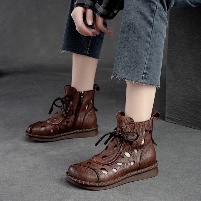 Johnature Women Shoes Summer Sandals Genuine Leather Round Toe Lace-up Handmade Retro Breathable Hollow-out Boots