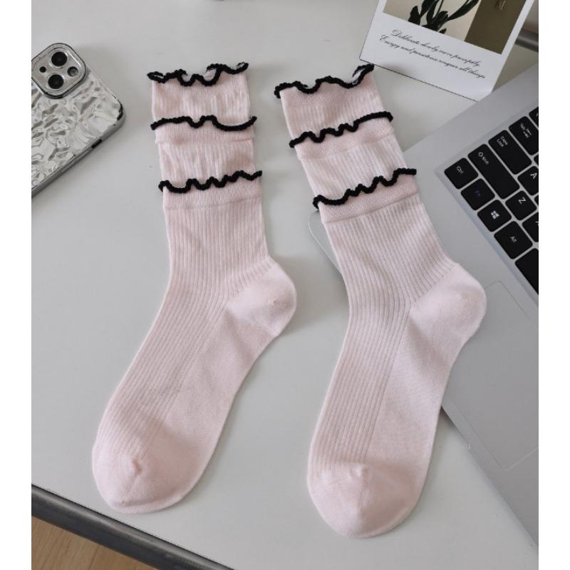 Женские тонкие модные носки с кружевом, однотонные, со швом, с вертикальным рубчиком, бесшовные, до середины икры