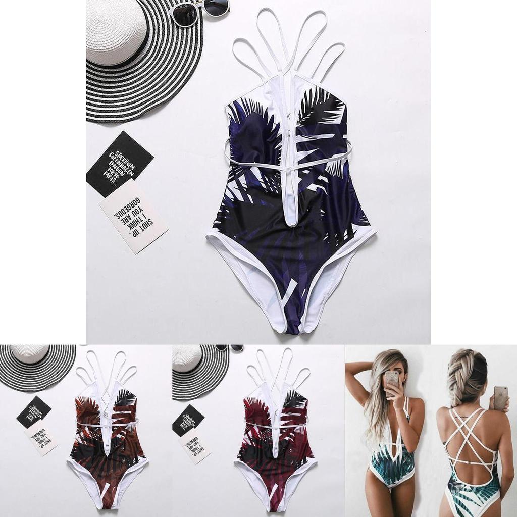 Women Elegant Floral Print Deep V Neck Backless Bandage Bathing One Piece Swimsuit