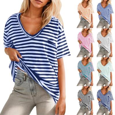 Женская свободная повседневная женская футболка с круглым вырезом и карманами в полоску с принтом