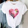 (Азиатский размер) Женская футболка с принтом Love Heart Flower Trend 90-х годов Одежда Повседневная модная футболка с коротким рукавом Женские футболки с графикой