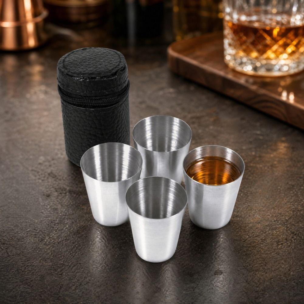 4pcs Stainless Steel Portable Tea Cup Black PU-Leather Case Whiskey Tumbler Cups Travel Use