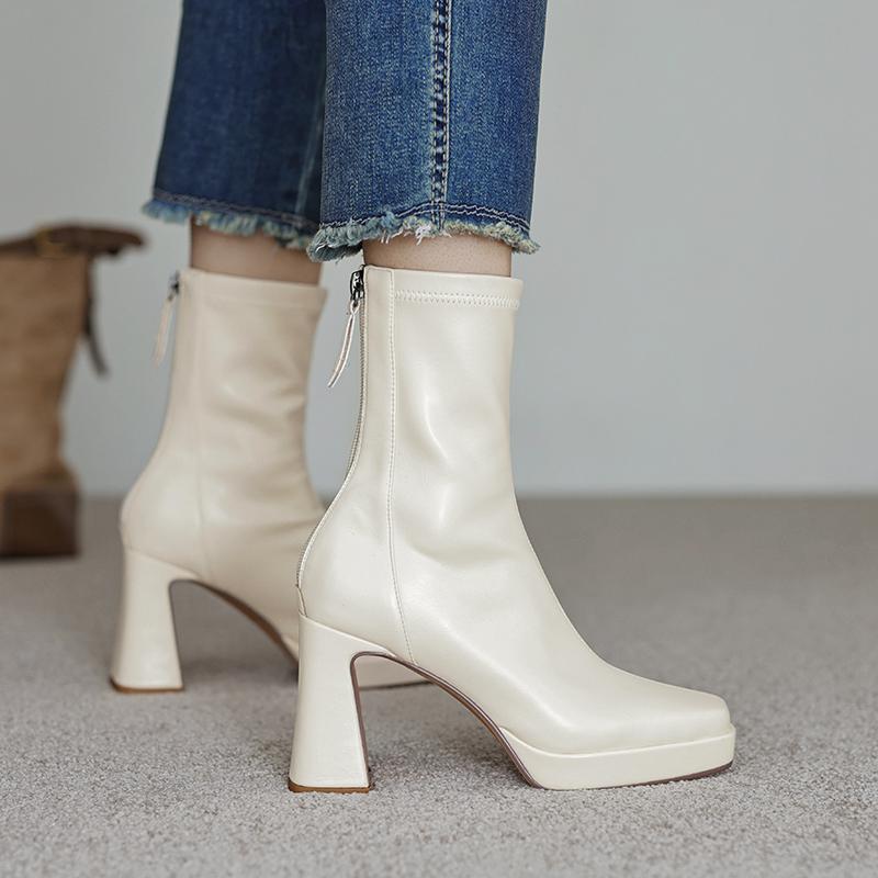 Krazing Pot Microfiber Autumn Winter Shoes Thick High Heels Platform Boots Square Toe Keep Warm Zipper Ankle Boots