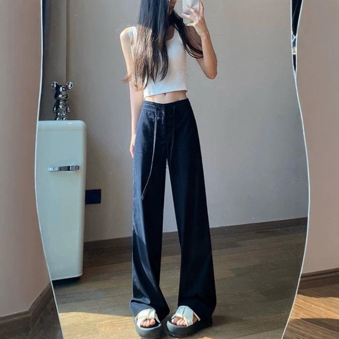 Women High Waist Wide Leg Pants Solid Gray Business Casual Trousers Straight Loose Office Daily Pants