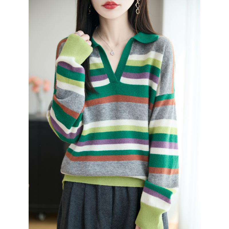 Women's Rainbow Striped Polo Collar Wool Sweater - Stylish, Slimming, Autumn/Winter Loose Fit