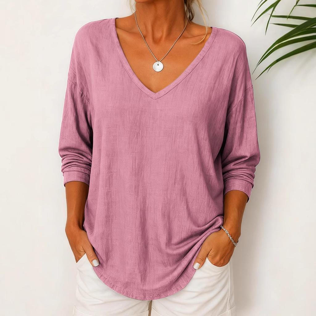 Women's Fashionable Solid Color V-neck Loose Casual Long Sleeved Pullover T-shirt Top