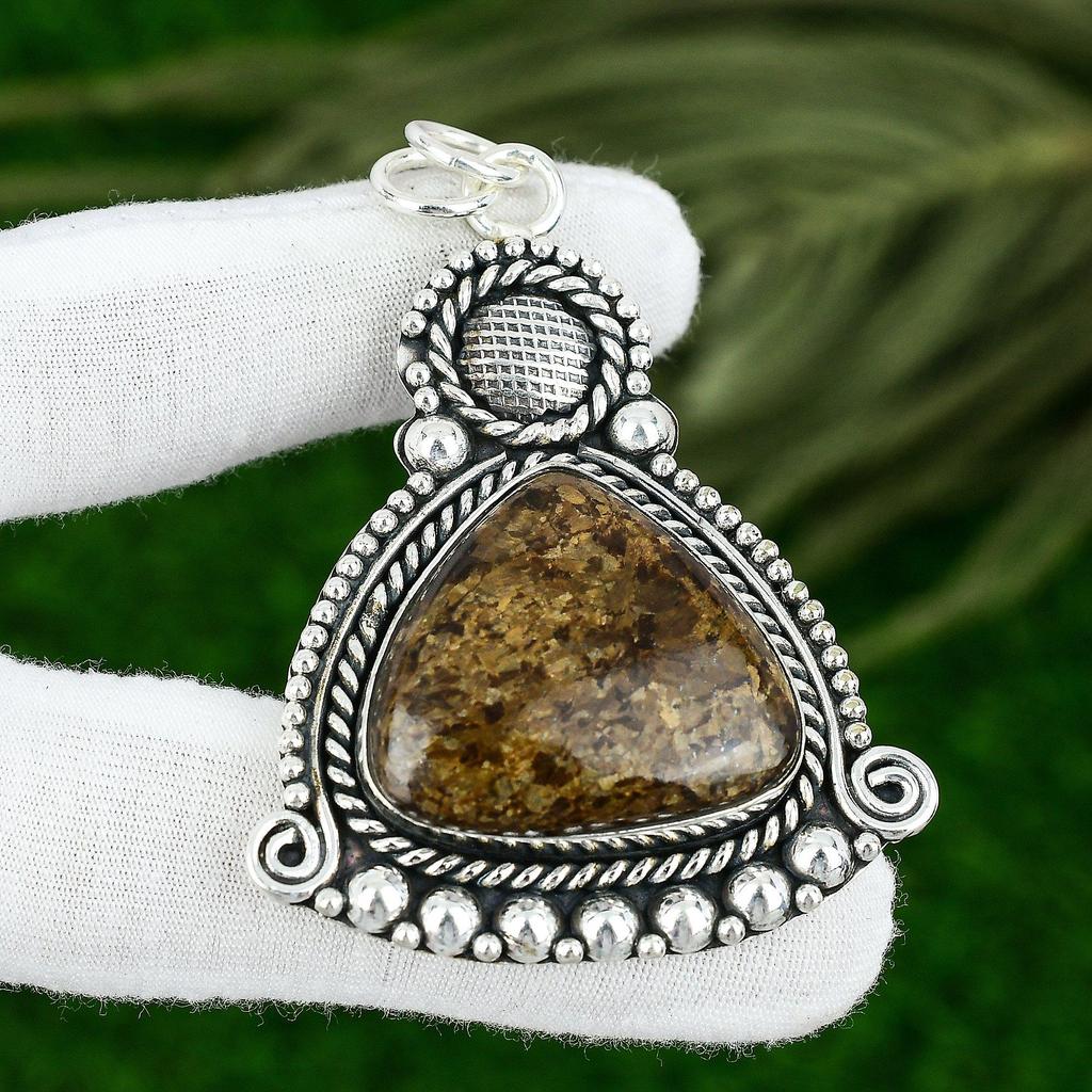 Bronzite Stone 925 Sterling Silver Mother Bezel Birthday Trendy Pendant Jewelry