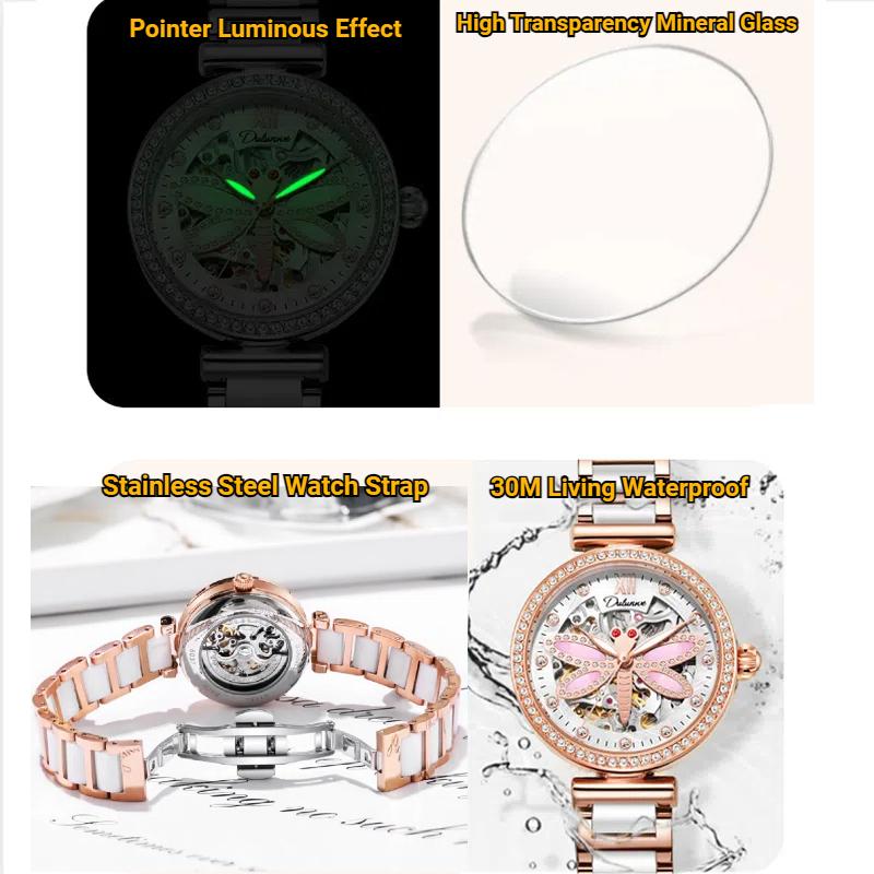 Dulunwe Automatic Mechanical Watches for Women Fashion Waterproof Watch with Dragonfly Dial for Ladies Gifts Diamond Watches