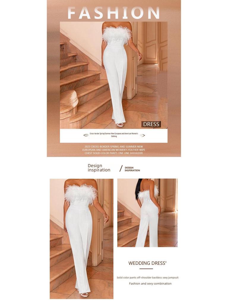 Весна/Лето 2025 Европейский и Американский Женский Комбинезон Бандо с Перьями на Одно Плечо и Открытой Спиной