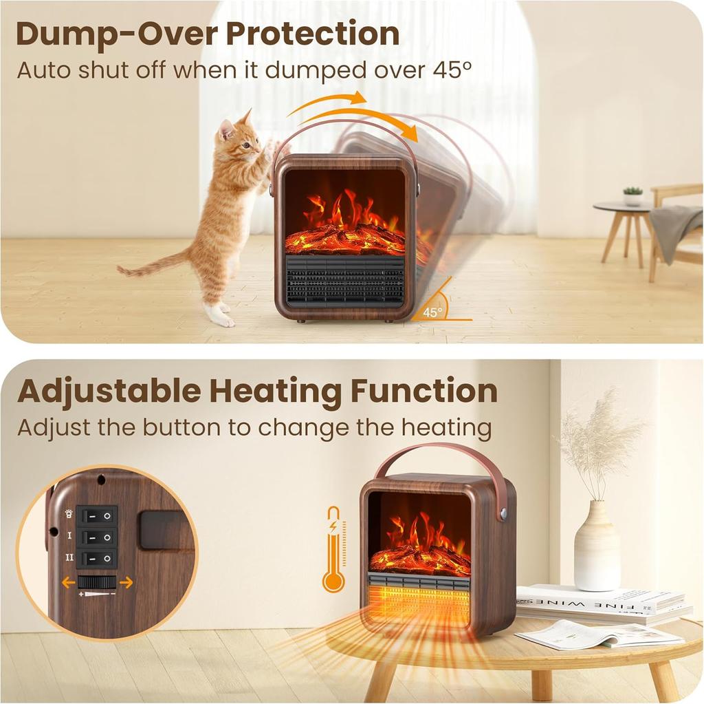 Маленький портативный электрический каминный обогреватель с 3D пламенем, термостатом, 1500 Вт/750 Вт PTC, защитой от опрокидывания, грецкий орех