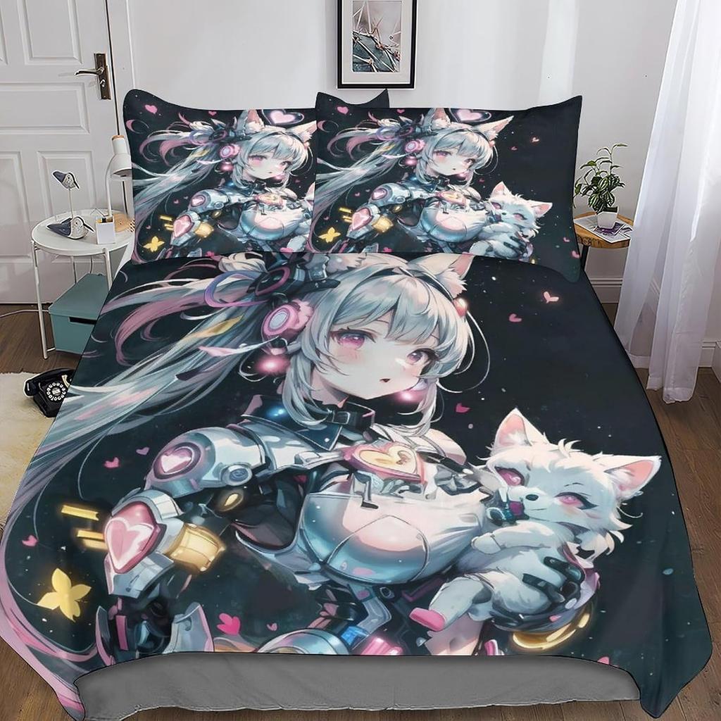 Милый Аниме Девушка Пододеяльник Комплект King Size 220x240см 3шт Моющийся Микрофибра Мультяшный Комплект Постельного Белья Мягкое Одеяло Чехол для Одеяла