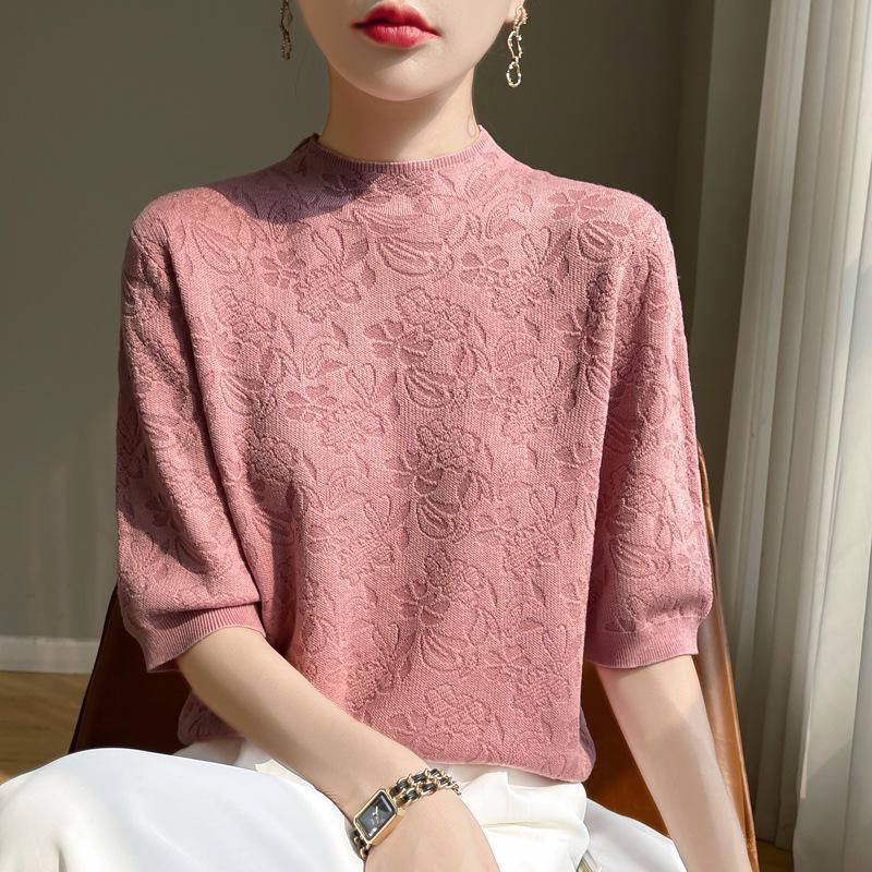 Универсальная женская футболка с короткими рукавами и полувысоким воротником из жаккардового шелкового трикотажа в корейском стиле