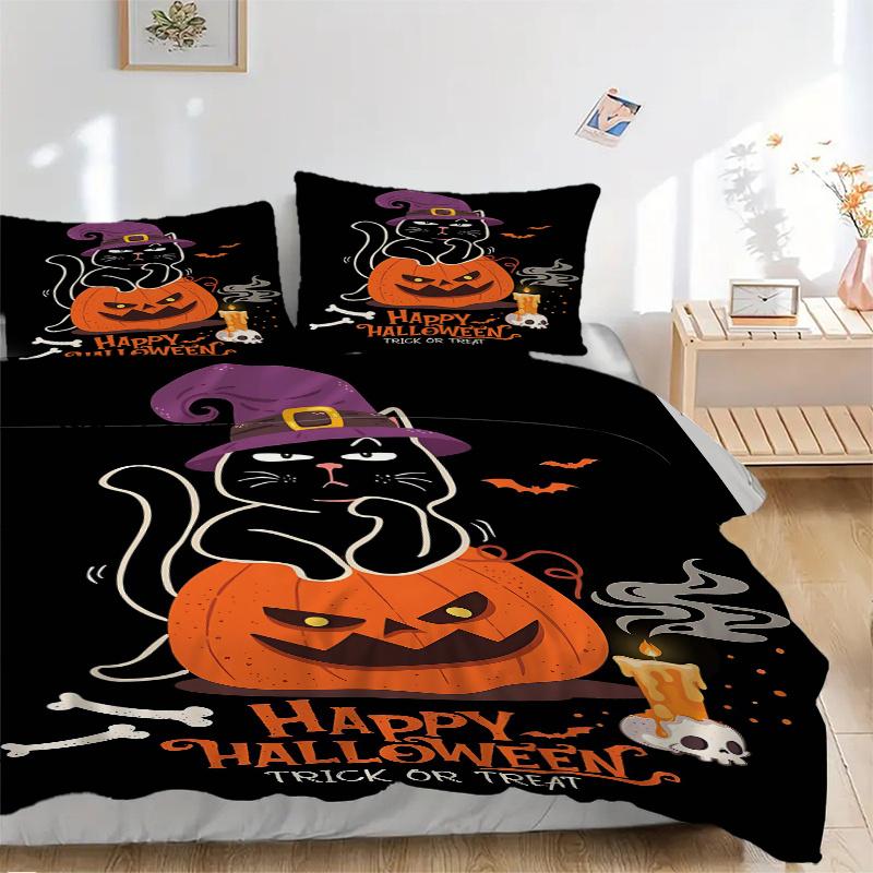 3pcs Trick or Treat cat & Pumpkin Halloween Bedding Set - Includes Quilt Cover and Pillowcases, Suitable for All Seasons N094