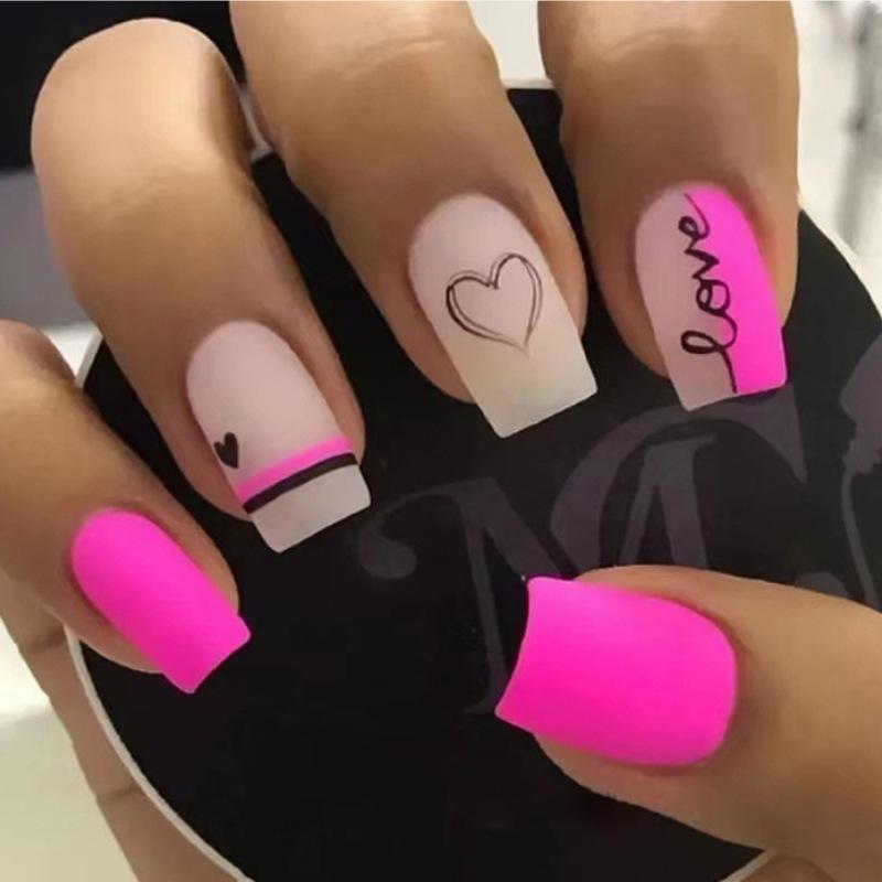Nail Art Wear Nail Art Short Barbie Pink Letters Love Valentine'S Day Nail Art Sweet Nail Art Press On Nails