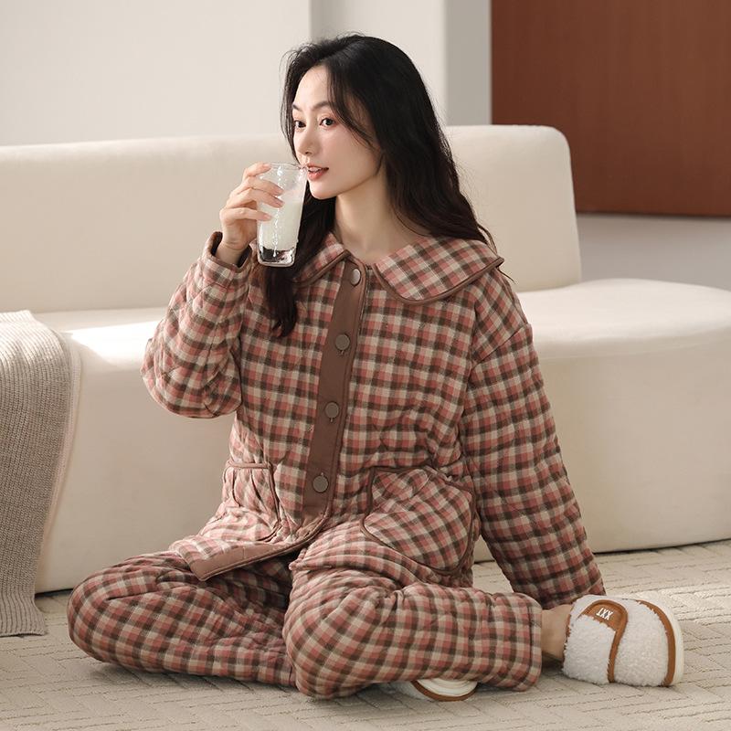 Тканая пижама из чистого хлопка с подкладкой, женская зимняя трехслойная утолщенная и бархатная зимняя домашняя одежда, теплый костюм