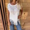 Women T-shirt Round Neck Short Sleeve Tee Shirt with Hot Rhinestones Printing Tassel Hem Solid Color Pullover Tops