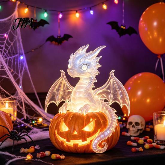 Handmade Three Dimensional Figures Halloween Pumpkin Night Light, Resin LED Dragon Tabletop Lamp, Witch Dark Fairy Tale Table Lamps Hat Black Cat Crow