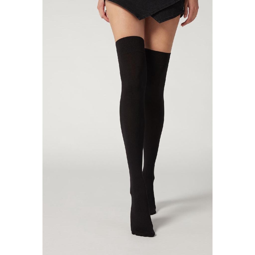 Women's 3 Ribbon Detail Cotton Black Laptop Socks Garter Height Black Tall Socks