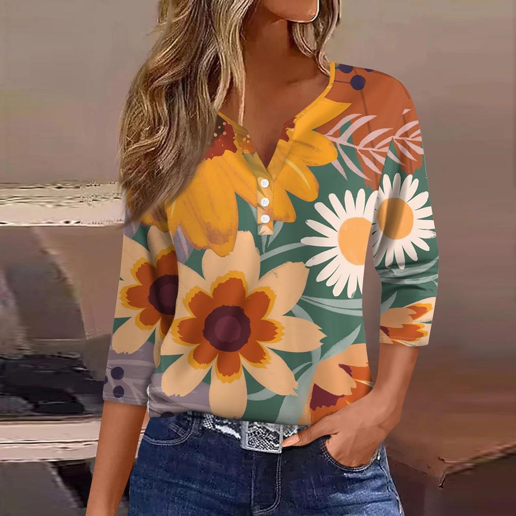Жен. Футболка Футболка С принтом Пуговицы Рукав 3/4 Повседневные Выходные Мода Классический Классический V-образный вырез Обычный Верх