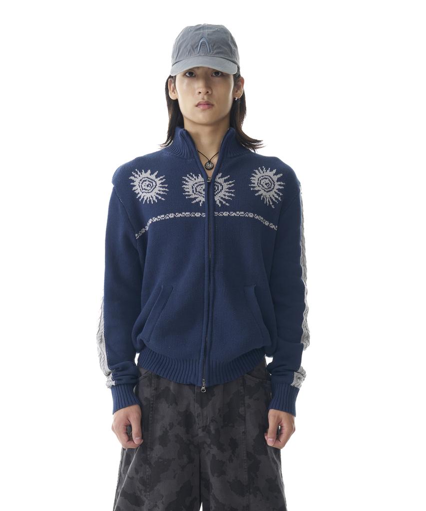 AAKAM Sun Jacquard Zip-Up Sweater (Navy)