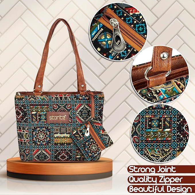 Women's Tote Bag With PU Leather Handles & Embroidery Printed bag With Zip Pockets, Shoulder Tote Bag And Handbag For Office And College