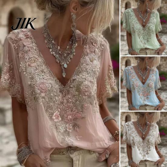 Summer Tee Women T-shirt V-Neck Short Sleeve 3D Imitation Jacquard Flower Advanced Customization Shirt Decor Pullover Tops Loose Fit Blouse Daily Wear