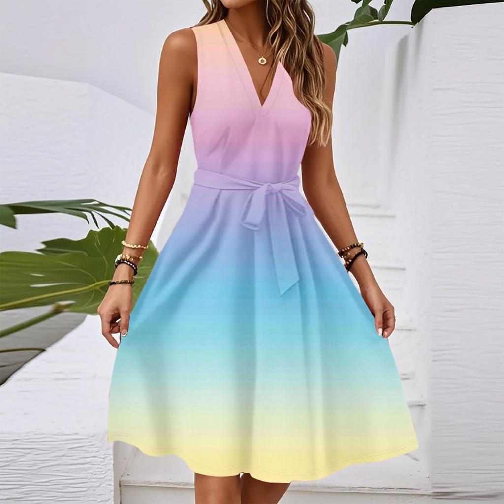 Женское весенне-летнее повседневное миди-платье без рукавов с V-образным вырезом, приталенное, с градиентным принтом