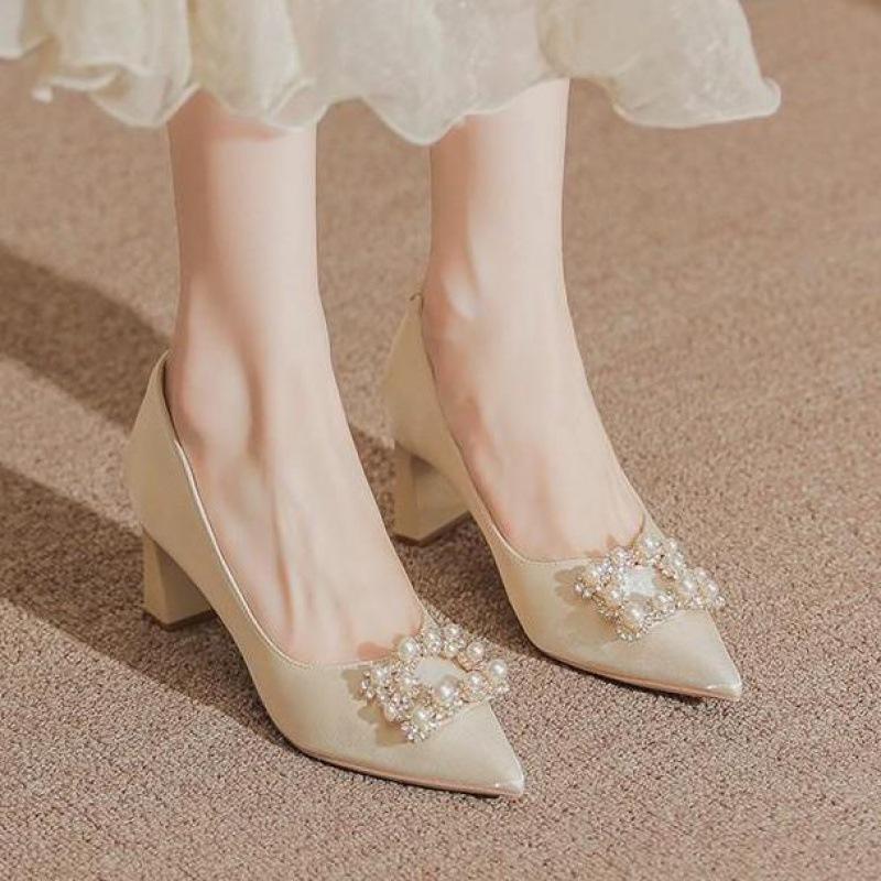 Женское свадебное платье на высоком каблуке, туфли-одиночки с толстым каблуком и квадратной пуговицей, новая свадебная обувь 2024