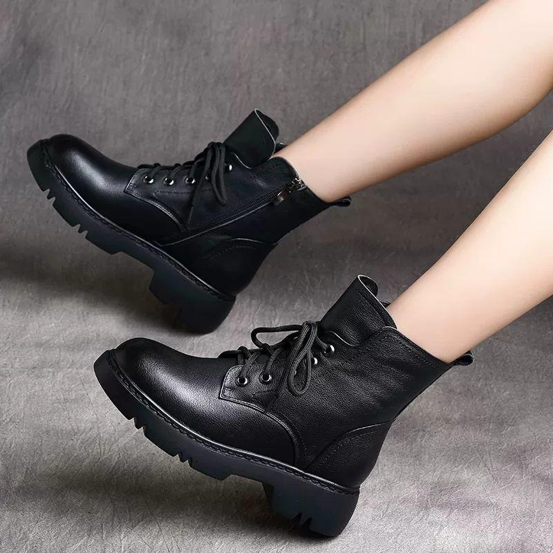 Зимняя обувь женские сапоги с круглым носком на плоской подошве черные кожаные сапоги на платформе для женщин зимние сапоги женские зимние 2024 Botas Mujer785