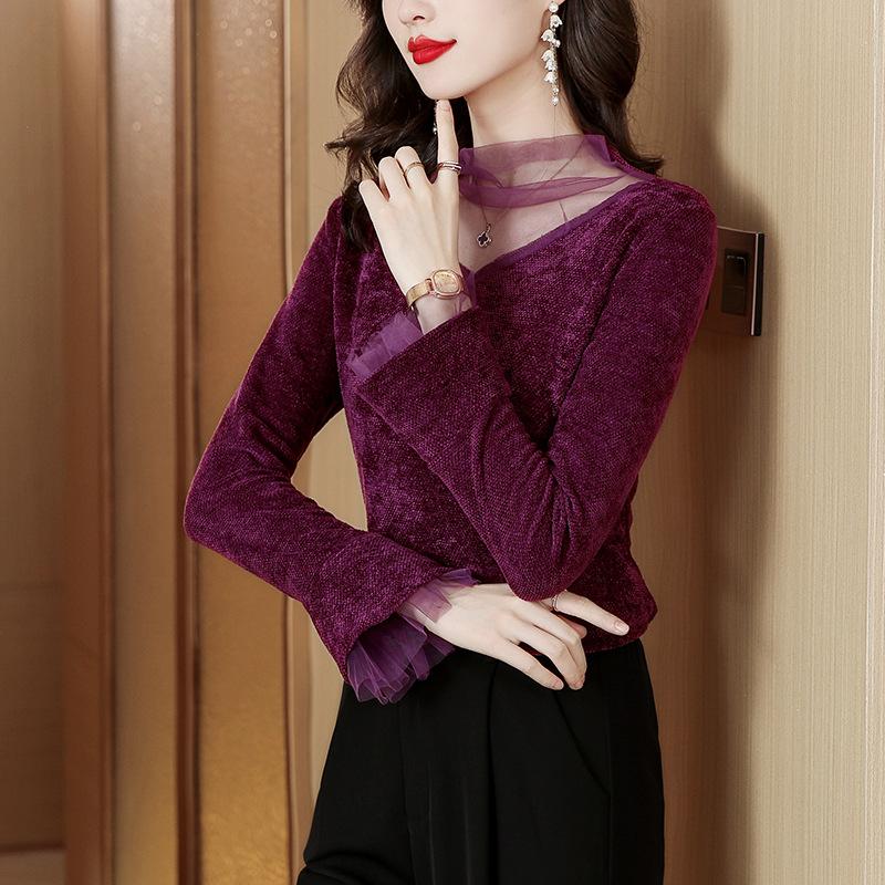 Winter New Splicing Long-sleeved T-shirt Women's Bottoming Shirt with Small Shirt Top