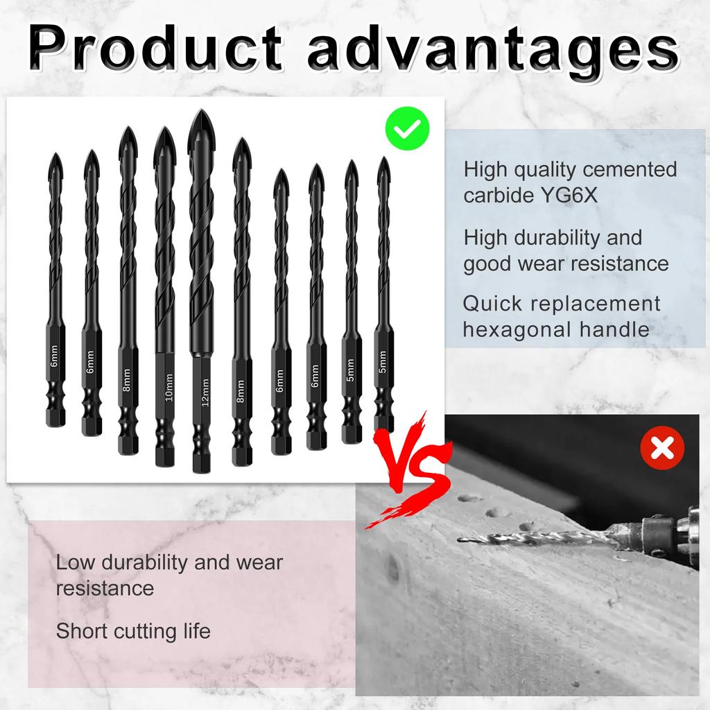 Набор шестигранных сверл 1/4 дюйма, 5/6/8/10/12 мм, твердосплавное многофункциональное сверло по камню для сверления отверстий в бетоне, стекле, керамической плитке