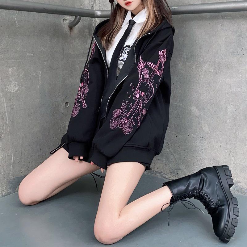 Retro Black Printed Zipper Hoodie: Women's Korean, European, & American Style Sweatshirt