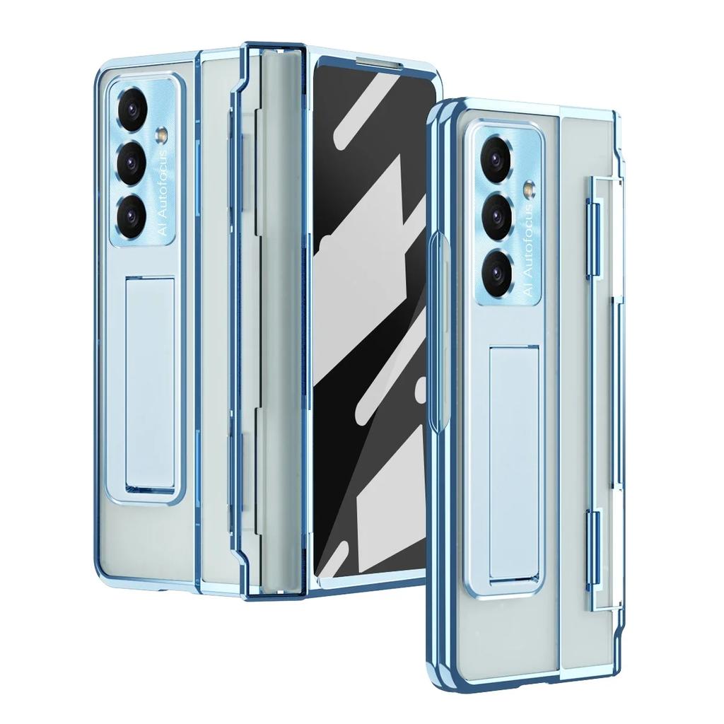 For Samsung Galaxy Z Fold 7 6Case Clear Electroplated Metal Lens Holder with Folding Hinge Tempered Film Optional Touch Pen Slot