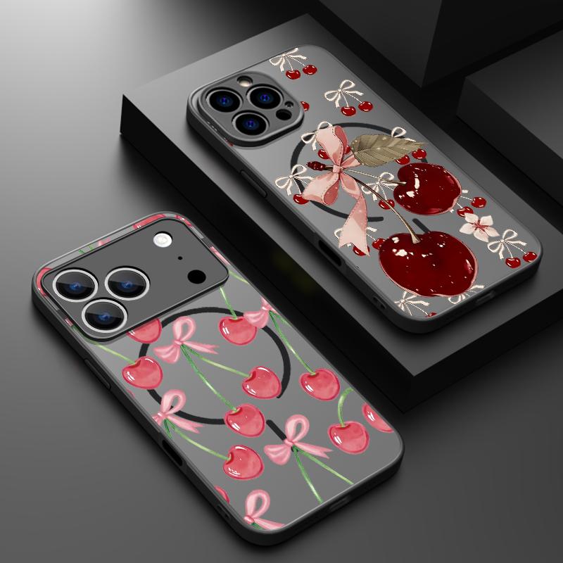 Мультяшный чехол с вишней для iPhone 17 Pro Max Чехол iPhone 16 15 14 13 Pro Max 17E Магнитный Для Magsafe Тонкое кольцо Гибридный ТПУ+ПК Матовый чехол