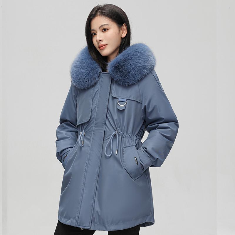 Autumn Winter Thicken Warm Detachable Parka Women Casual Fur Collar Solid Color Big Pocket Loose Hooded Coat Jackets Three-way Wear Outwear