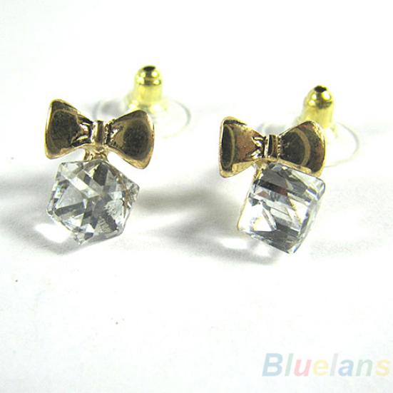 Women Shimmers Chic Bowknot Shiny Cube Rhinestone Ear Studs Cute Dangle Earrings