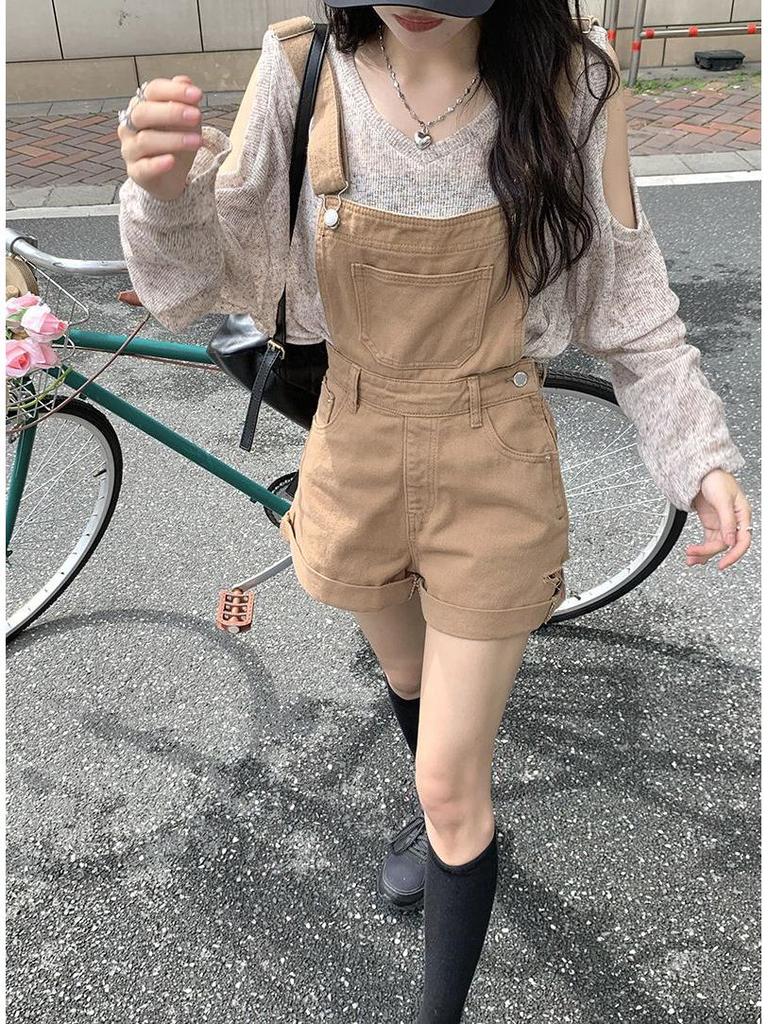 Солнцезащитная рубашка с открытыми плечами и универсальные джинсовые шорты-комбинезон для женщин