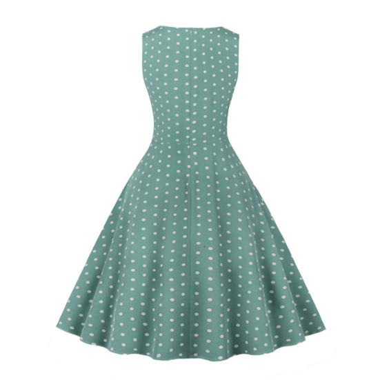 Women Party Dress Dot Print O Neck Sleeveless A-line Big Swing Tight Waist Retro Back Zipper Breathable Prom Banquet Summer Midi Dress