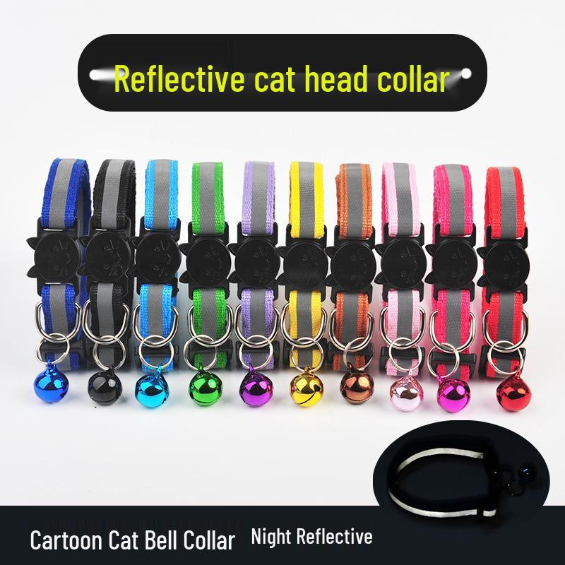 Reflective Cat Collar with Cartoon Cat Head & Colorful Bell